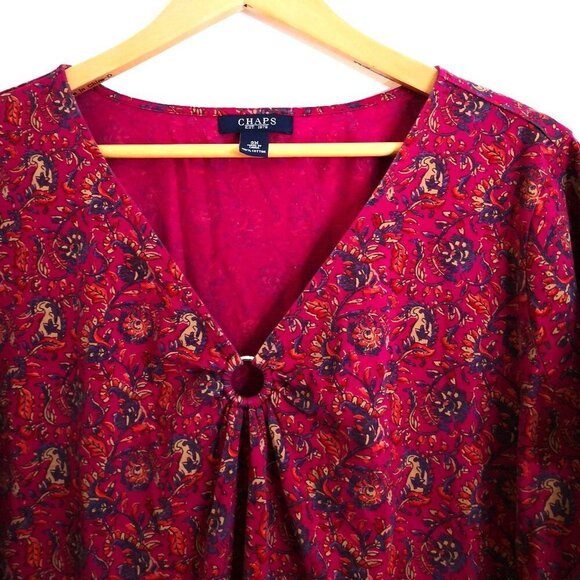 Chaps 100% Cotton V Neck Metal Ring Front Ruched Paisley Floral Top Size 3X - Picture 2 of 3